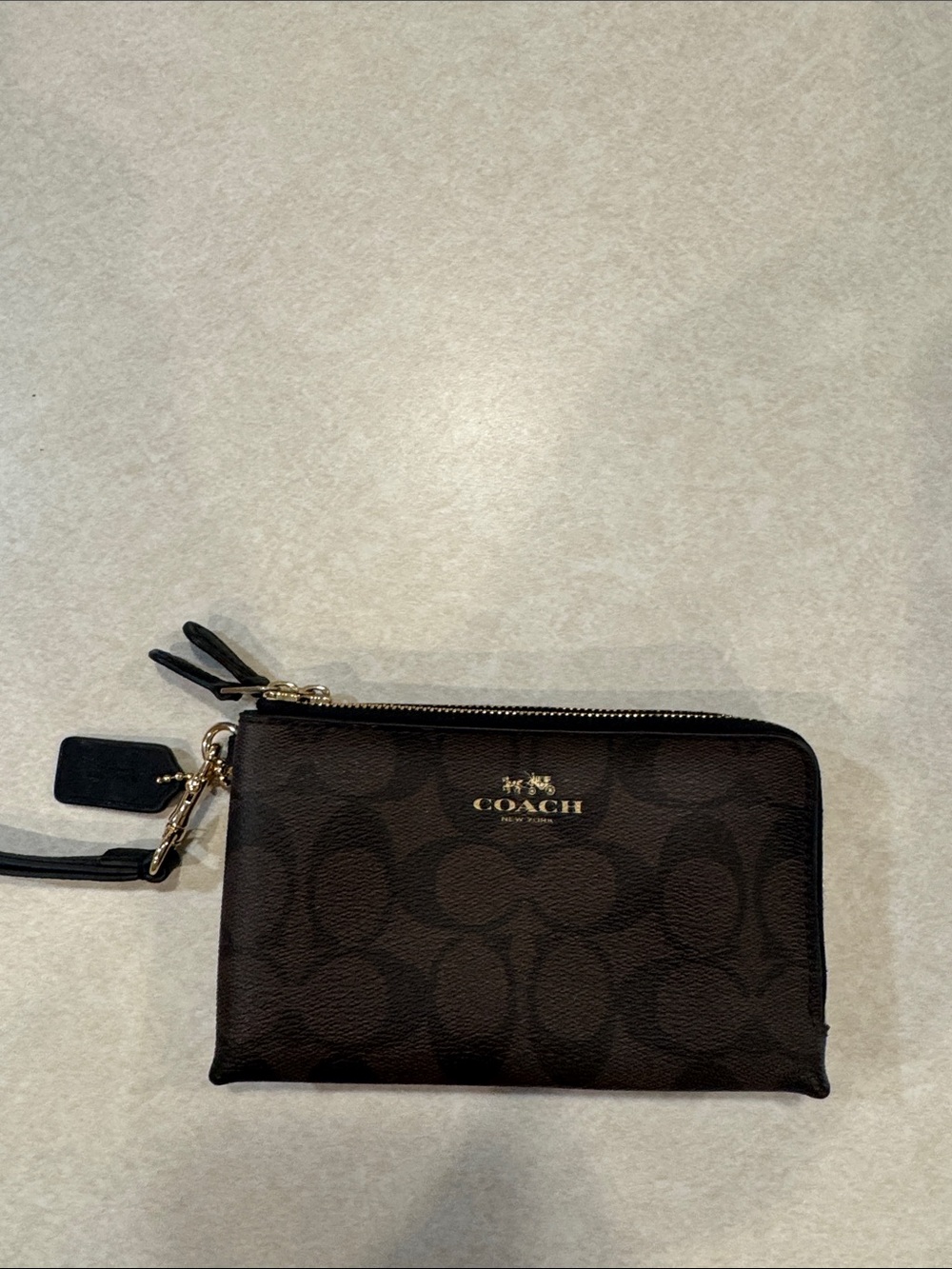 Coach Dark Brown Signature Double Zip Wristlet with Gold Hardware
